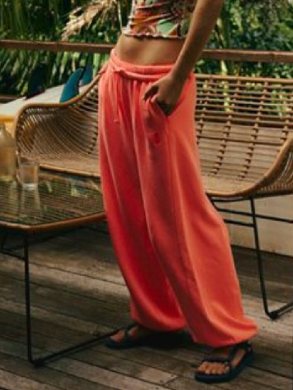 Free People FP Movement All Star Pants Neon Orange Smocked Pocket Straight Leg S